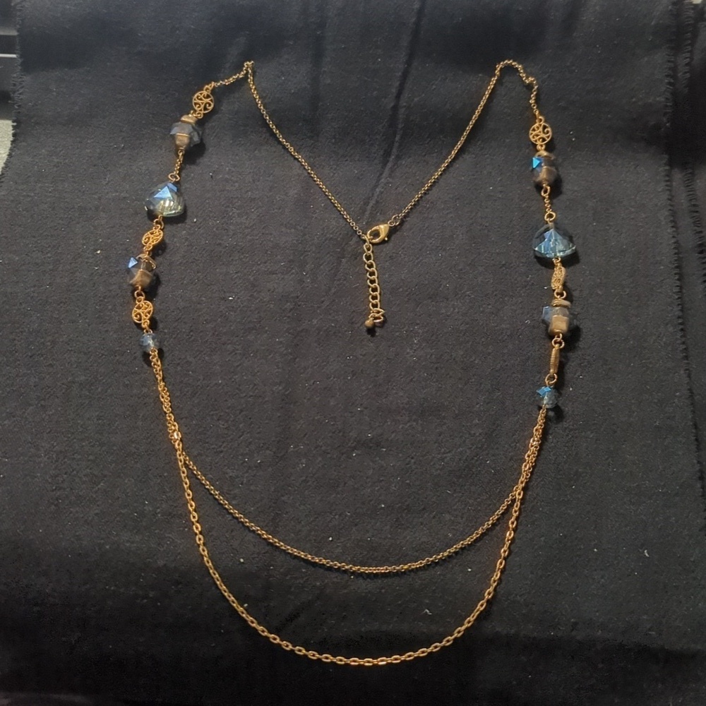 Gold Tone Blue Crystal Beaded Layered Multi Strand Long Statement Necklace